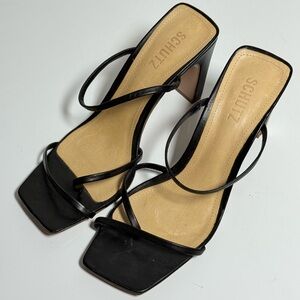 Schutz Black Leather Minimalist Round Toe Block Heels Size 8.5